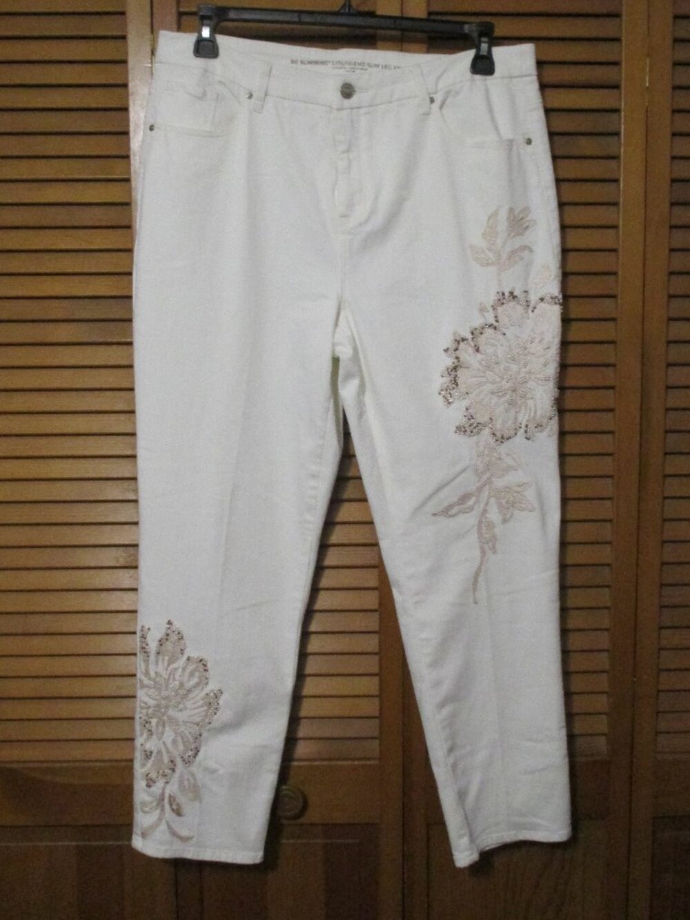 Chico's denim cream color jeans with decorative beading size 16